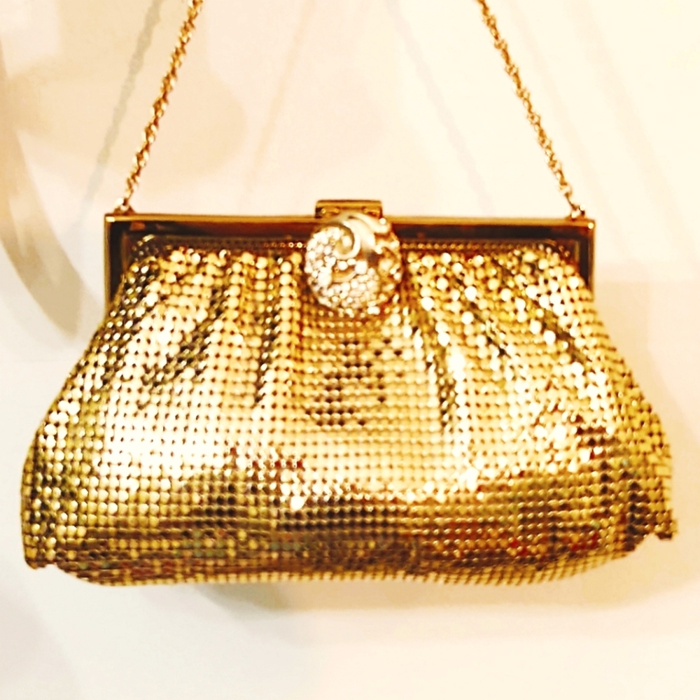 Vintage Designer Whiting & Davis Gold Mesh Rhinestone Bag